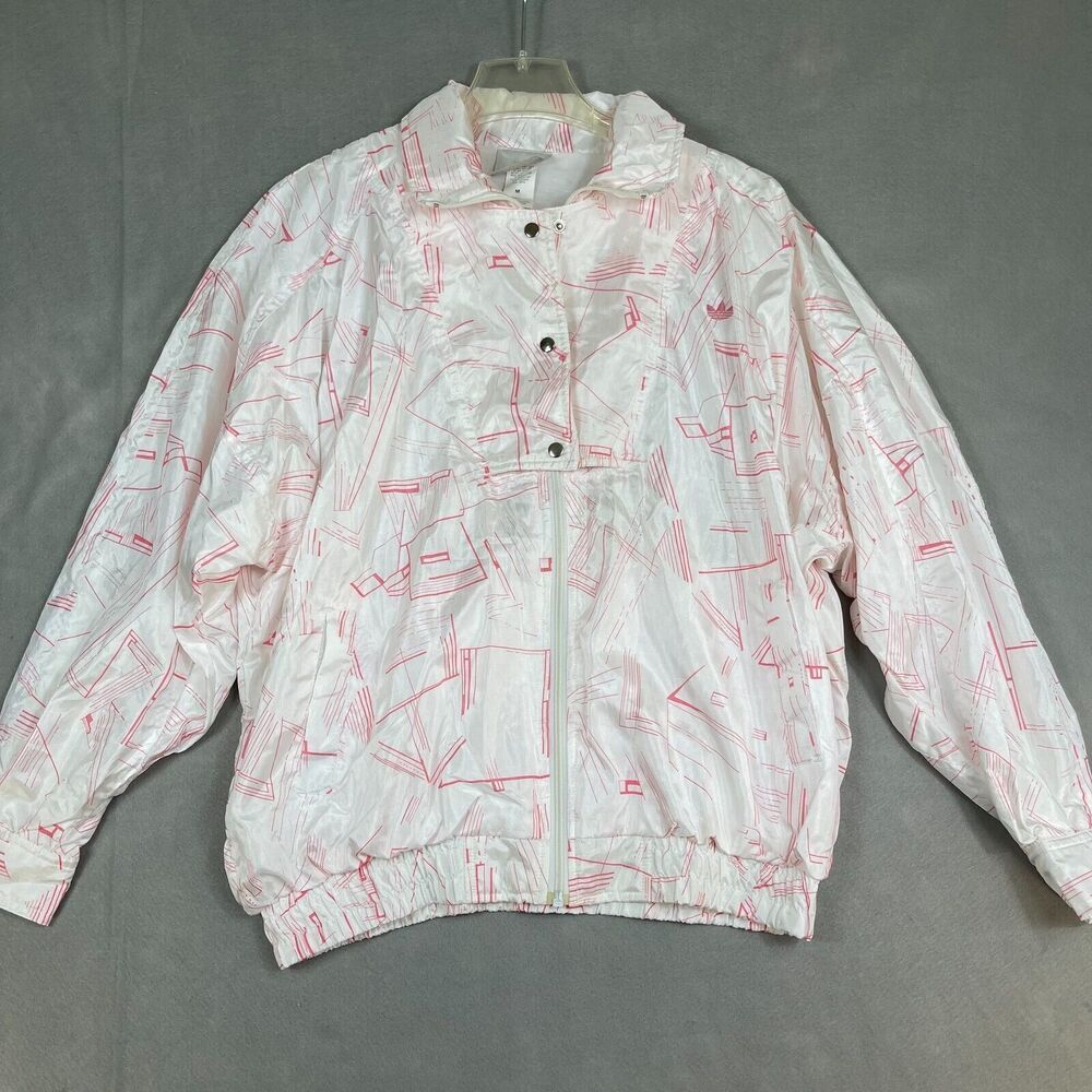 Adidas Jacket Womens Size M Vintage 90's Windbreaker White Pink All Over Print